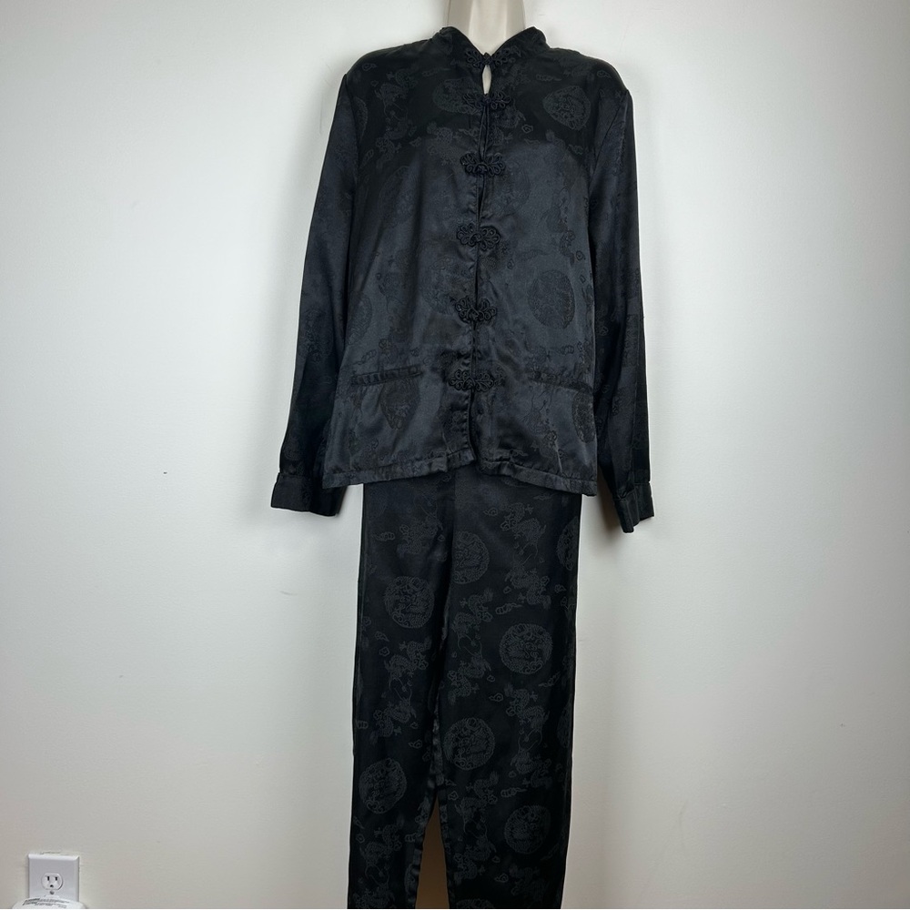 Shanghai Red Chinese Inspired Black Pajama Set sz XL Silky Comfortable Chic